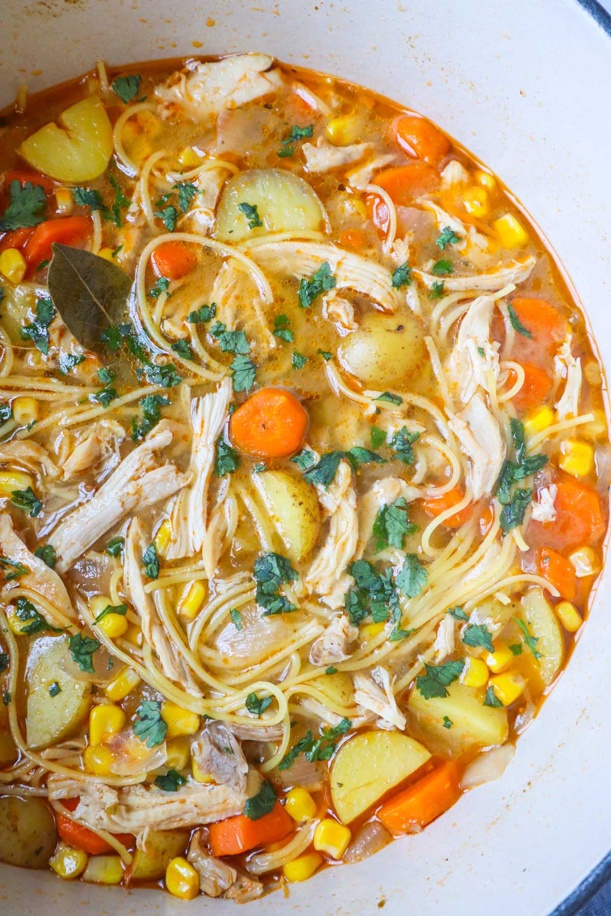 dutch oven with cuban soup with chicken, vegetables, and noodles topped with fresh herbs