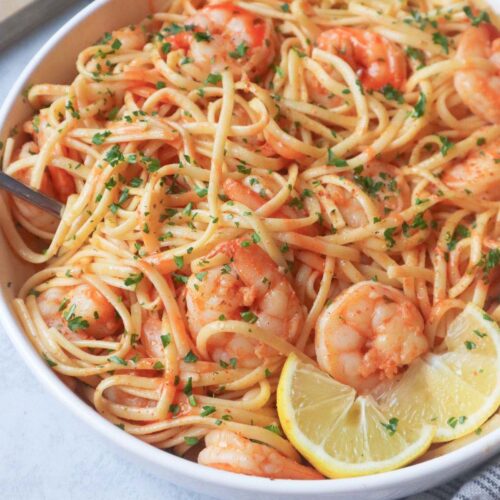 linguine with shrimp and lemon topped with parsley