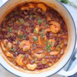 dutch oven with red beans and shrimp.