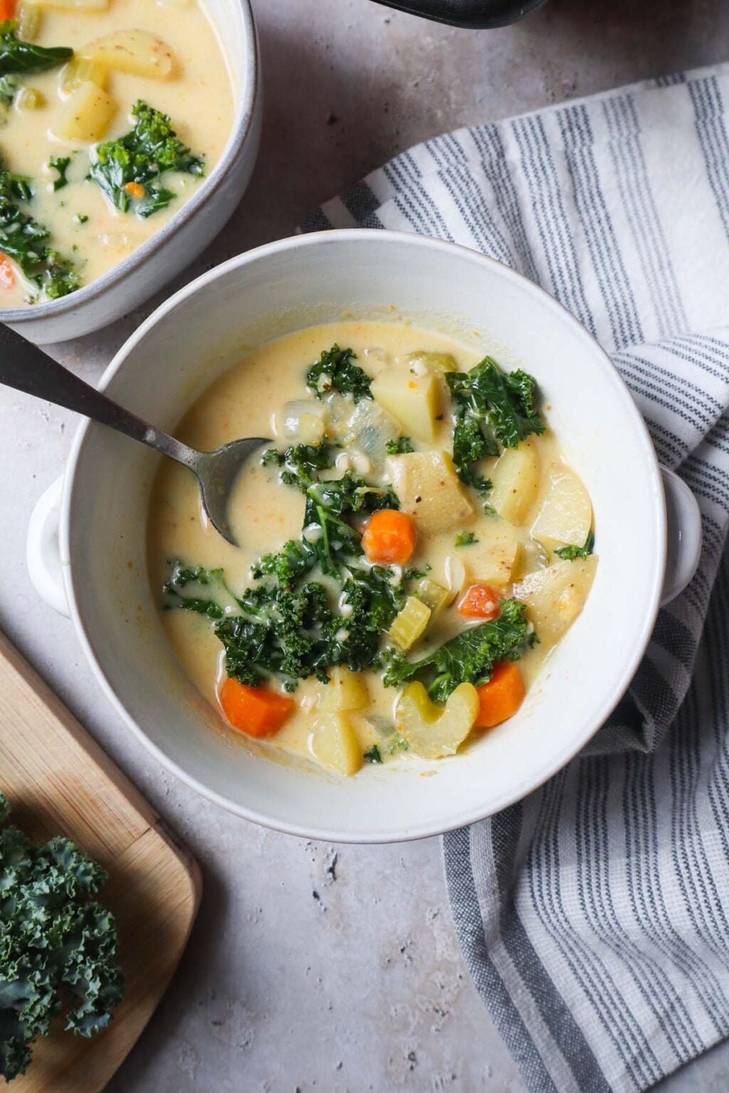 Image showcasing 30 Minute Vegan Potato Kale Soup - Bless This Meal