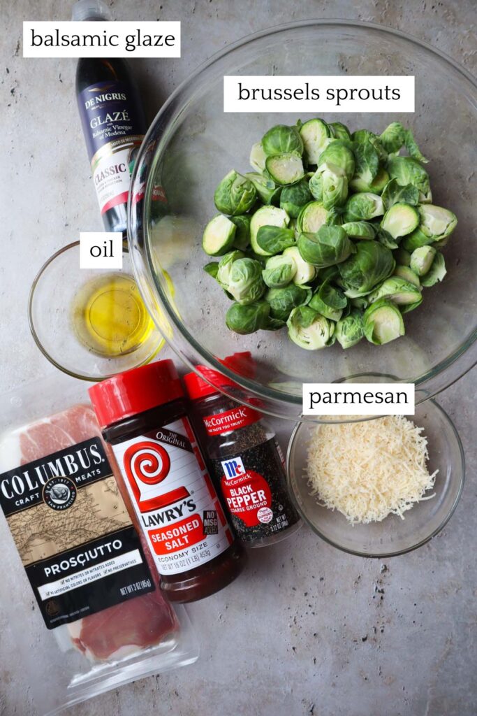 labeled ingredients to make brussels sprouts with prosciutto.
