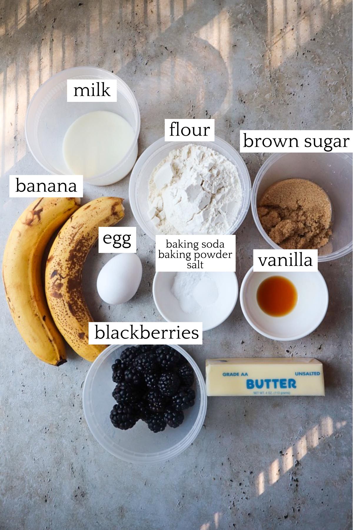 labeled and measured ingredients to make blackberry banana muffins.
