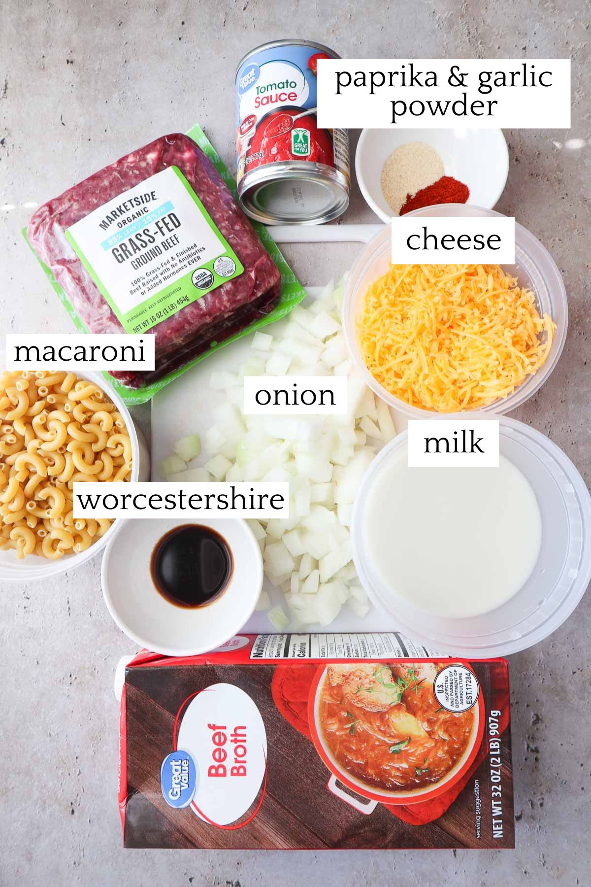 labeled and measured ingredients to make mac and cheese with ground beef.