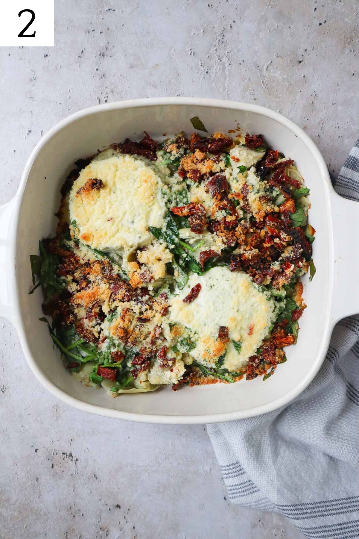 baking dish with boursin cheese dip straight from the oven.
