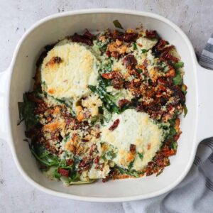 baking dish with boursin cheese dip straight from the oven.
