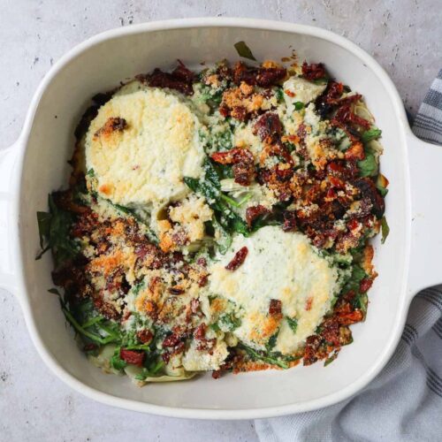 baking dish with boursin cheese dip straight from the oven.