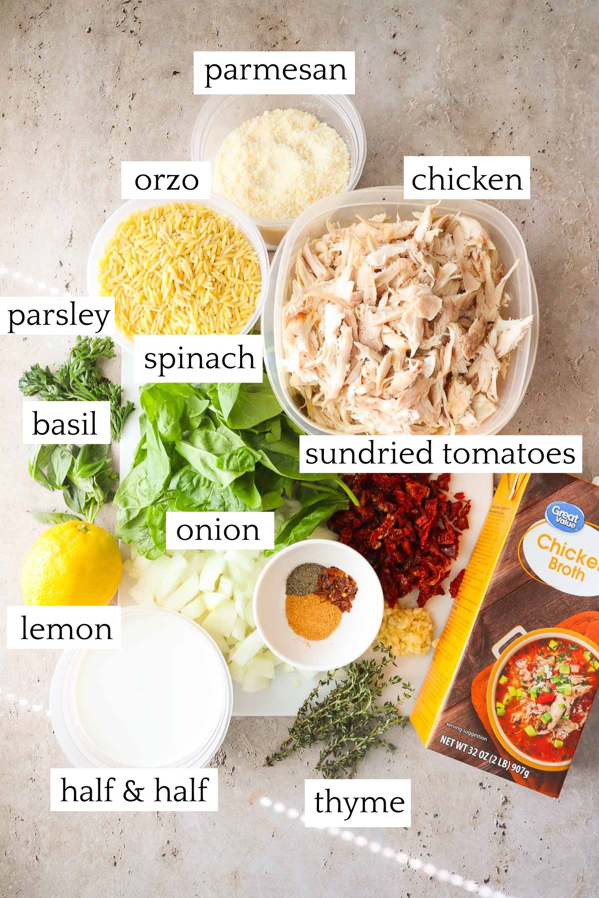 labeled and measured ingredients to make chicken orzo pasta bake.