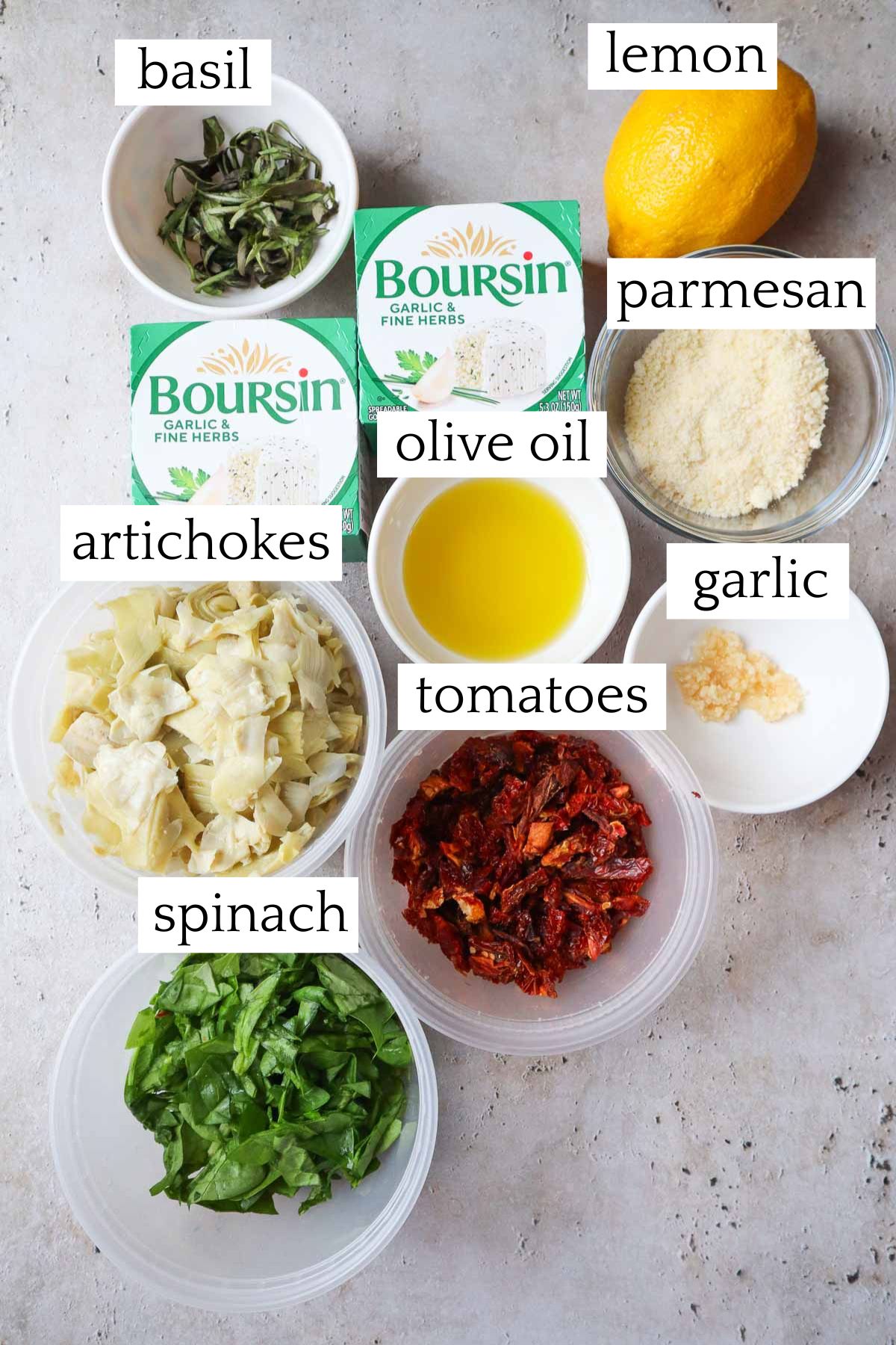 measured and labeled ingredients to make boursin cheese dip.