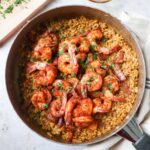 skillet with saffron shrimp risotto.