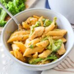 bowl with creamy honey mustard chicken pasta.