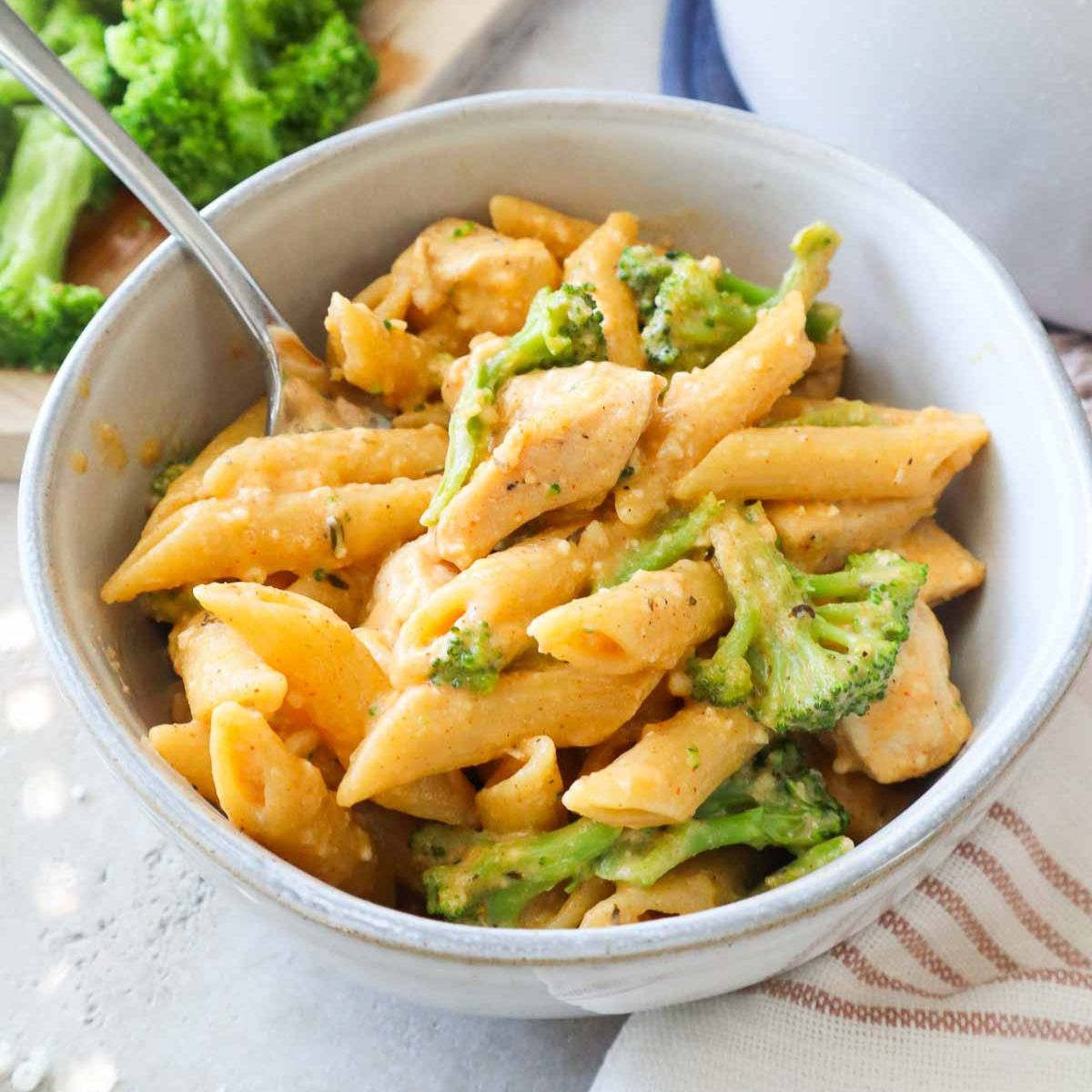 bowl with creamy honey mustard chicken pasta.