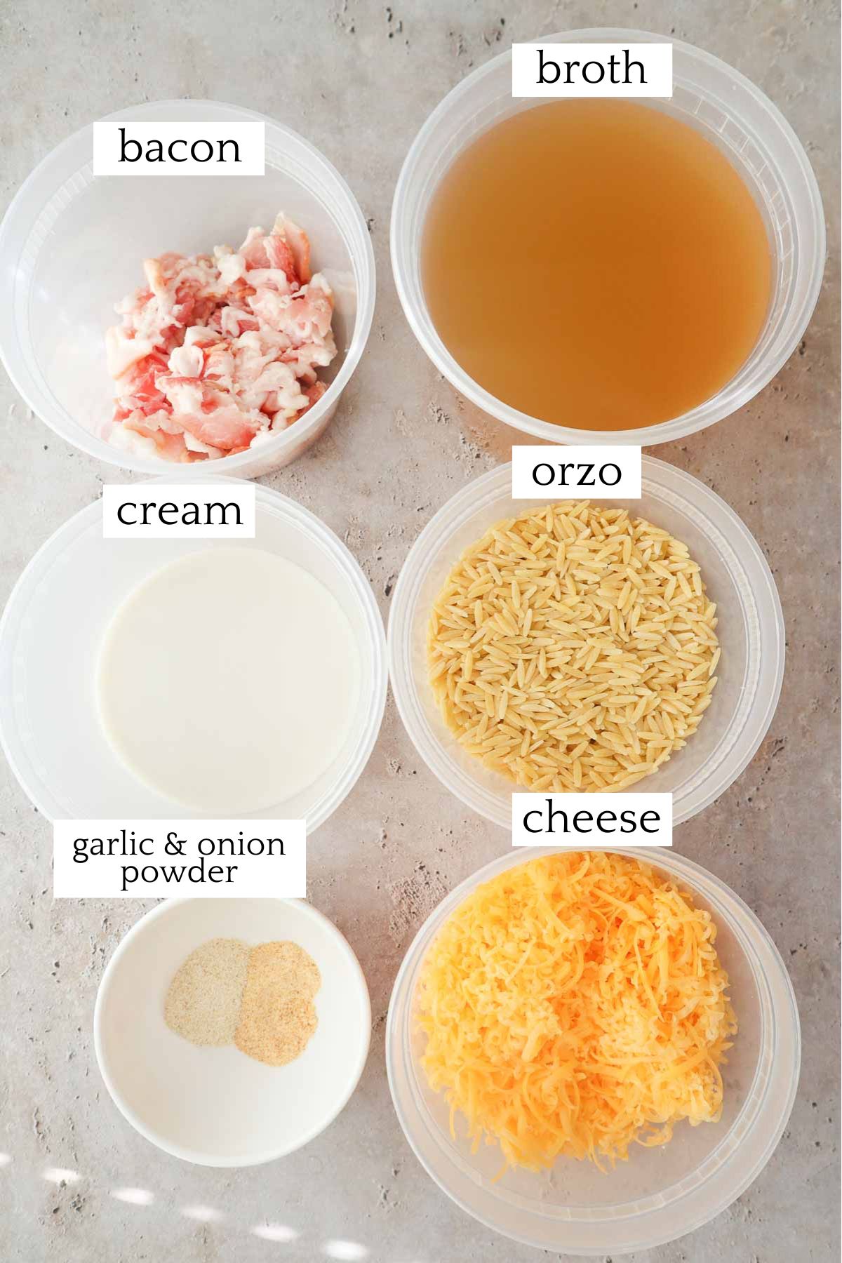 measured and labeled ingredients to make orzo mac and cheese.