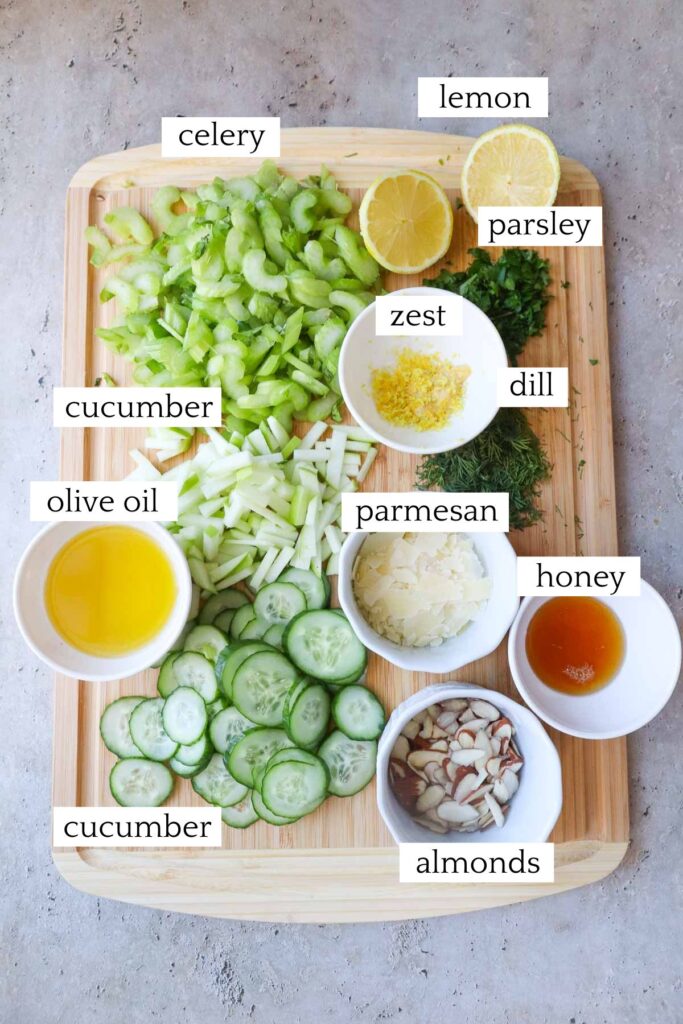 measured and labeled ingredients to make celery cucumber salad.