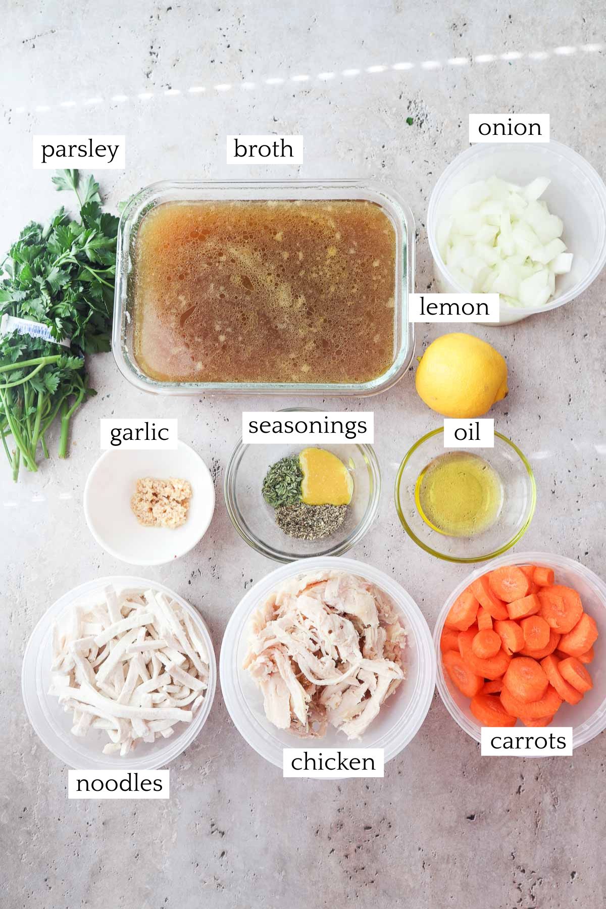 labeled and measured ingredients to make chicken noodle soup with no celery.