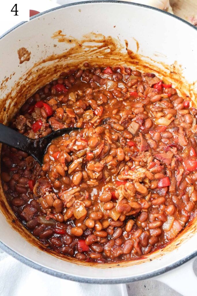 dutch oven with brisket baked beans.