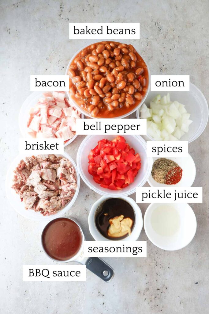 measured and labeled ingredients to make brisket baked beans.