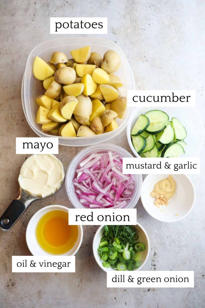 measured and labeled ingredients to make potato salad with cucumber and dill.
