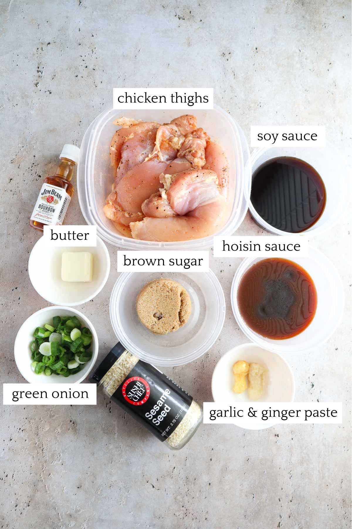 measured and labeled ingredients to make bourbon chicken.