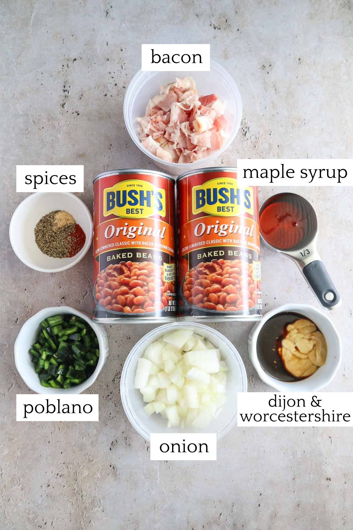 measured and labeled ingredients to make maple baked beans.