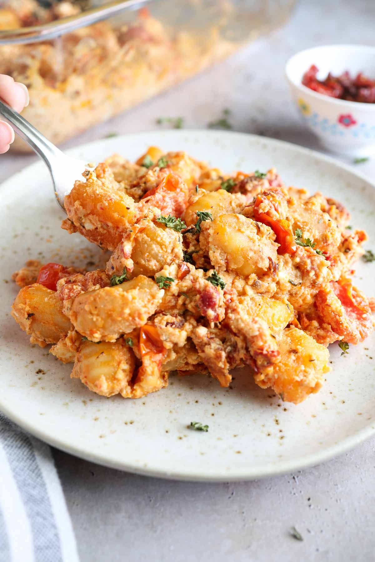 plate with creamy feta gnocchi.