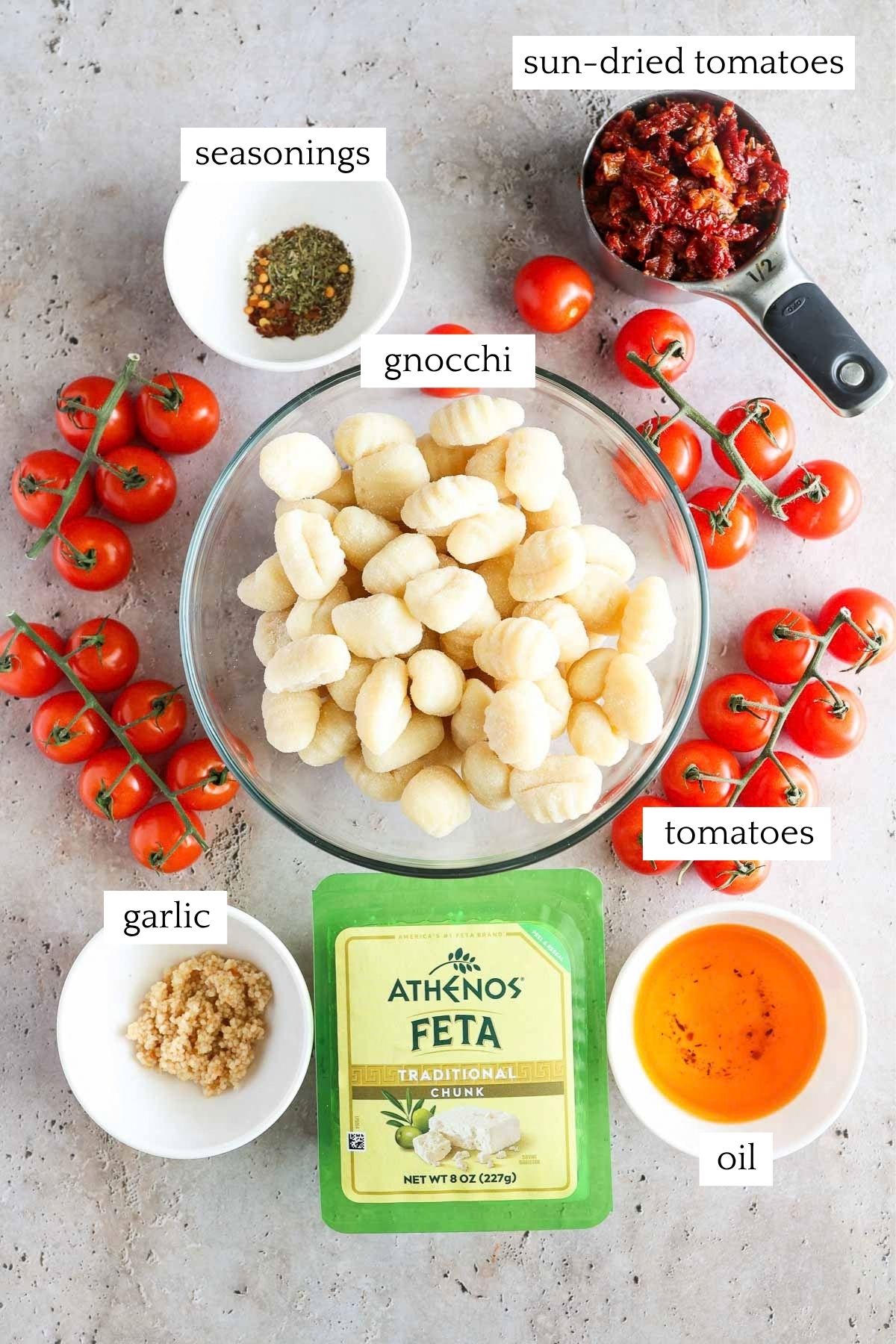 labeled and measured ingredients to make feta gnocchi.